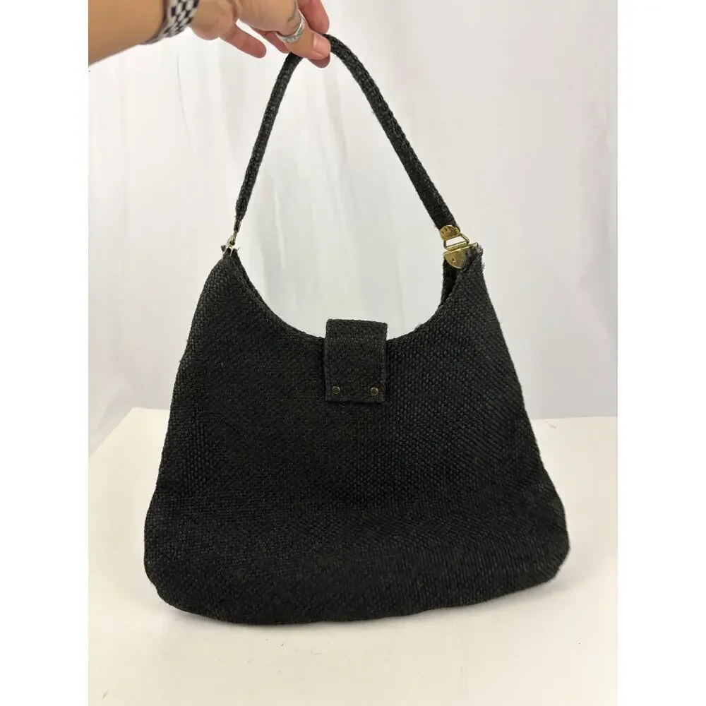VTG 1970s Charcoal Black Tweed‎ Hobo Bag Gold Hardware Unique
